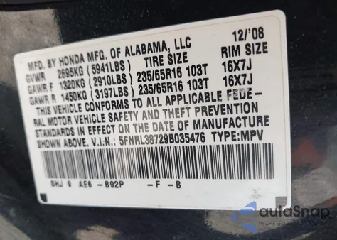 2009 Honda Odyssey Ex-L z USA, uszkodzony, nr VIN 5FNRL38729B035476